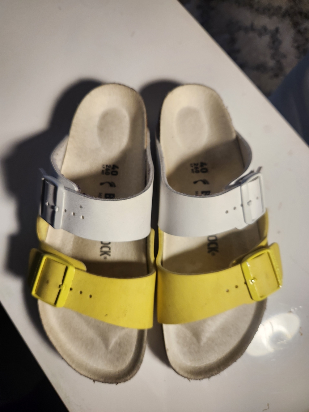 Birkenstock Two-Tone Yellow & White Slide Sandals - Picture 3 of 4
